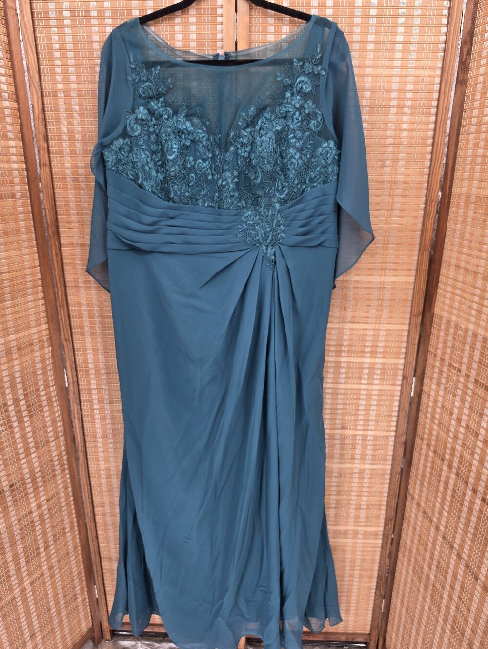 Azazie Hera Peacock Embroidered Chiffon Draped Back Evening Dress Size C (1X)